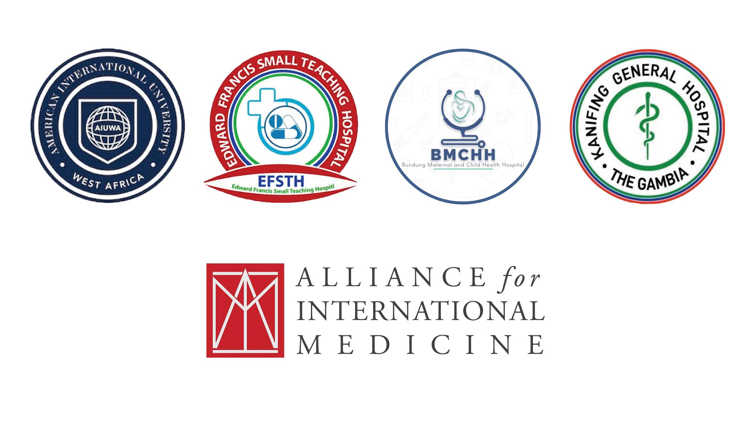 Logos for the American International University of West Africa, Edward Francis Small Teaching Hospital, Bundung Maternal and Child Health Hospital, Bundung Maternal and Child Health Hospital, and the Alliance for International Medicine.